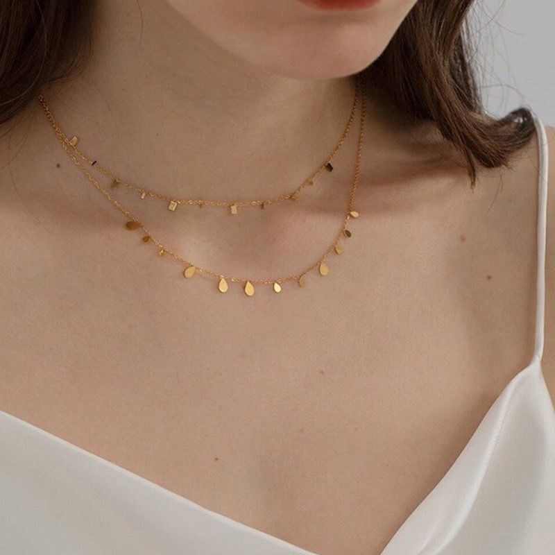Gold Titanium Stainless Steel Disc Dangle Beads Chain Necklace Choker PE7