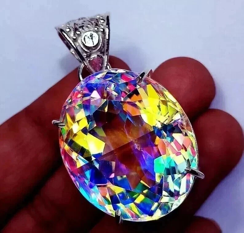55 CT+ Rare Rainbow Fir Mystic Topaz Pendant Solid 925 Sterling Silver Plated