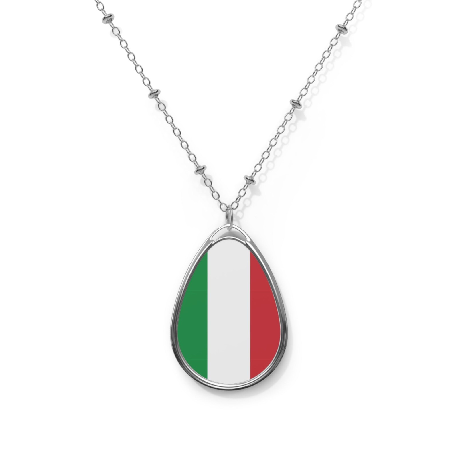 Italy Flag Oval Necklace – Italian Heritage Pendant – One Size / Silver