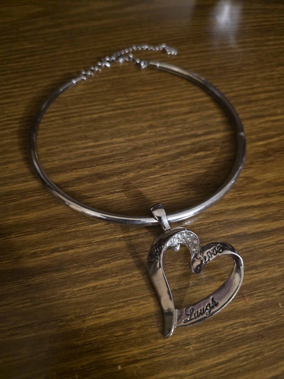 Roman Silver Tone Crystal Heart Pendant Collar Necklace ‘Live Love Laugh’