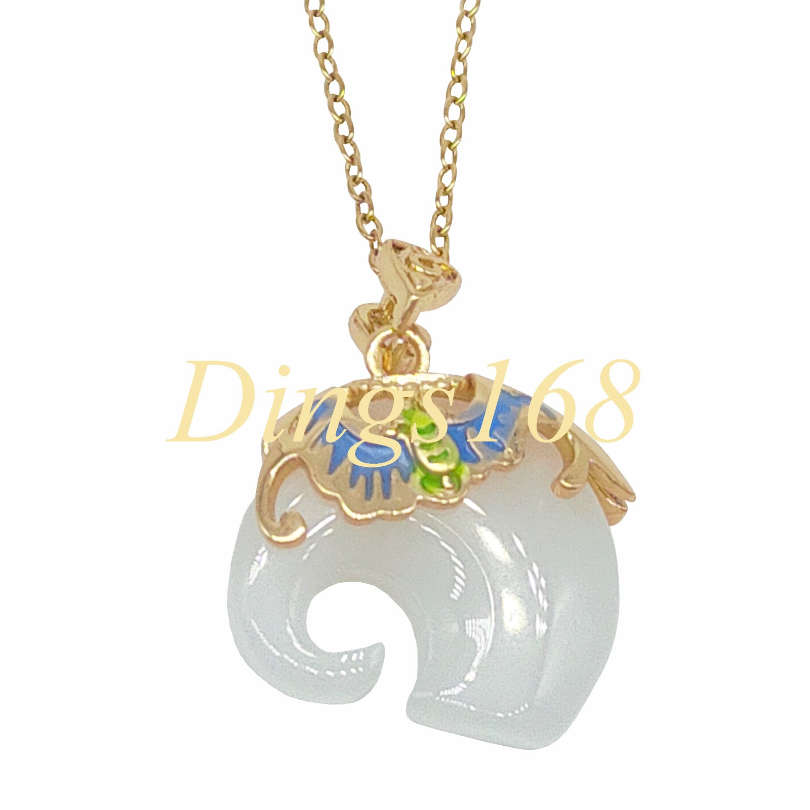 18K Yellow Gold Filled 18*19mm White Jade Elephant Pendant+ Cable Chain Necklace