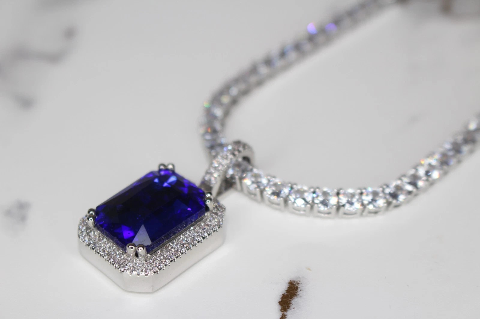 BLUE RUBY Sapphire Pendant Tennis 75.8ct Lab Sim Gem Diamond Chain Necklace