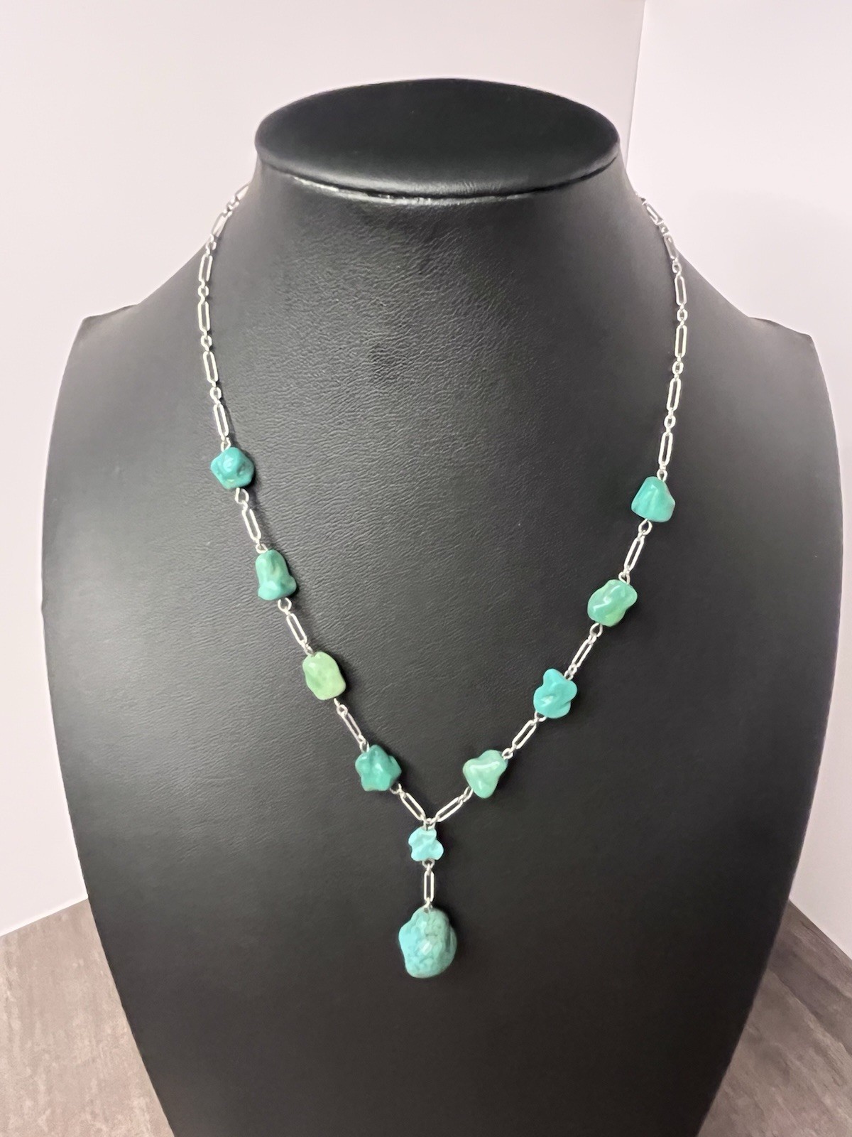 Vintage Turquoise Stone Silver Toned Paperclip Necklace 12-16 In Adjustable