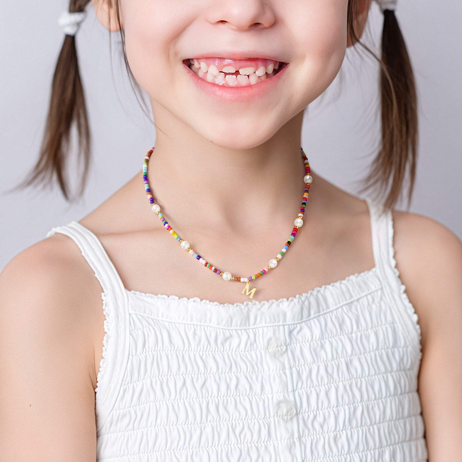 Turandoss Pearl Beaded Choker Initial Necklace for Women Girl Birthday, 15+2.5In