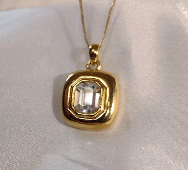 Emerald Cut Clear Crystal Goldtone Bezel Set Pendant Necklace – 32″ – Brilliant