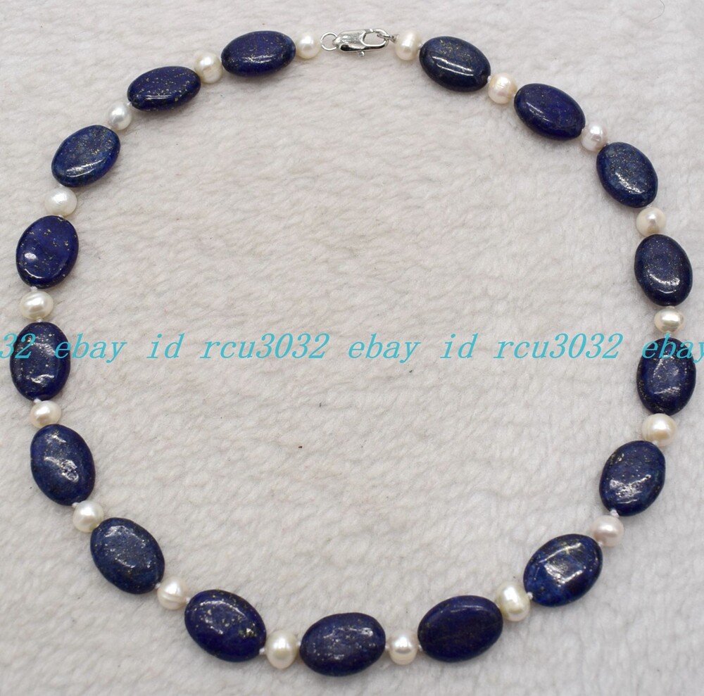 Pretty 7-8mm White Pearl & 13x18mm Oval Blue Lapis Lazuli Silver Necklace 16-36″