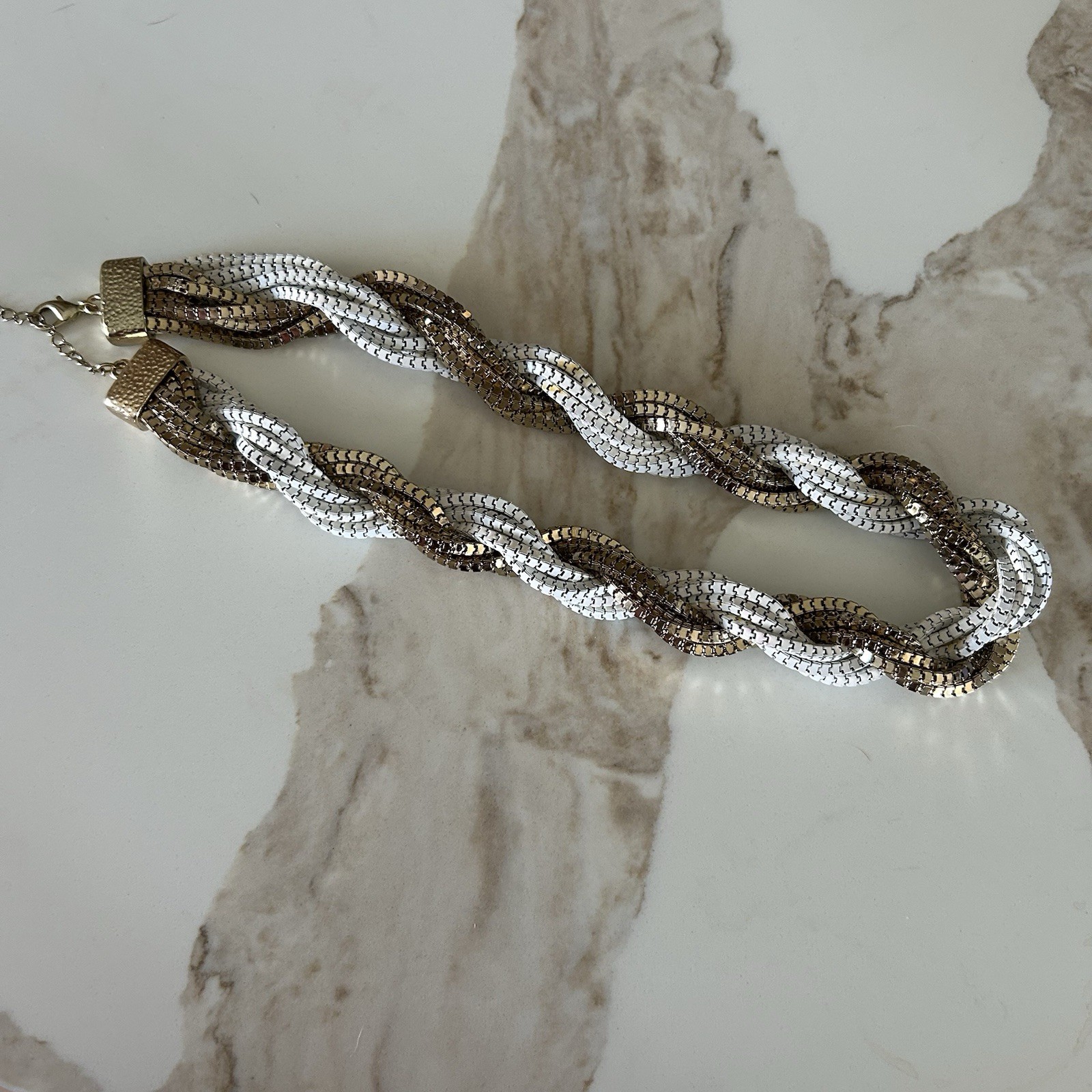 White And Gold Tone Braided Chunky Necklace