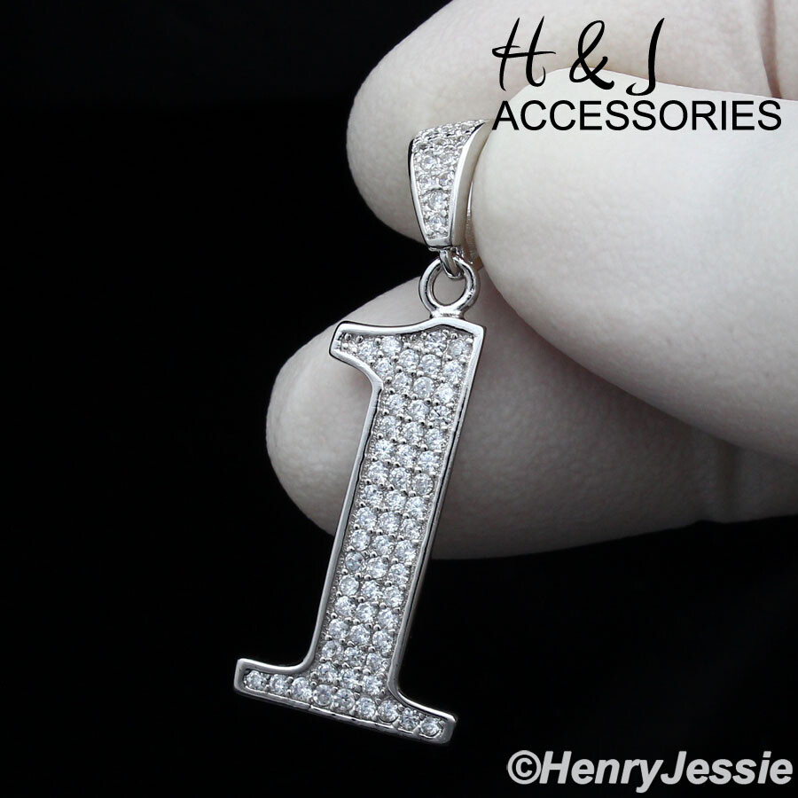 MEN WOMEN 925 STERLING SILVER ICY BLING CZ NUMBER “1” CHARM PENDANT*ASP179