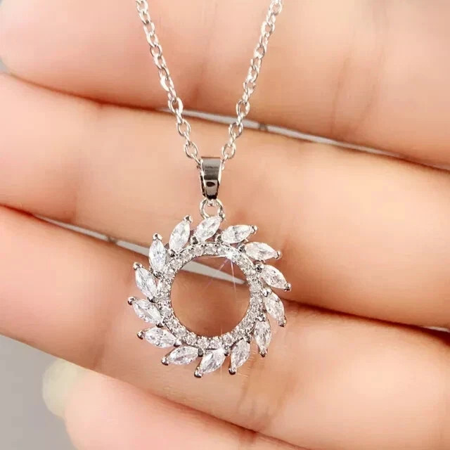 Women 2Ct Marquise Simulated Diamond Circle Pendant Chain 14K White Gold Plated