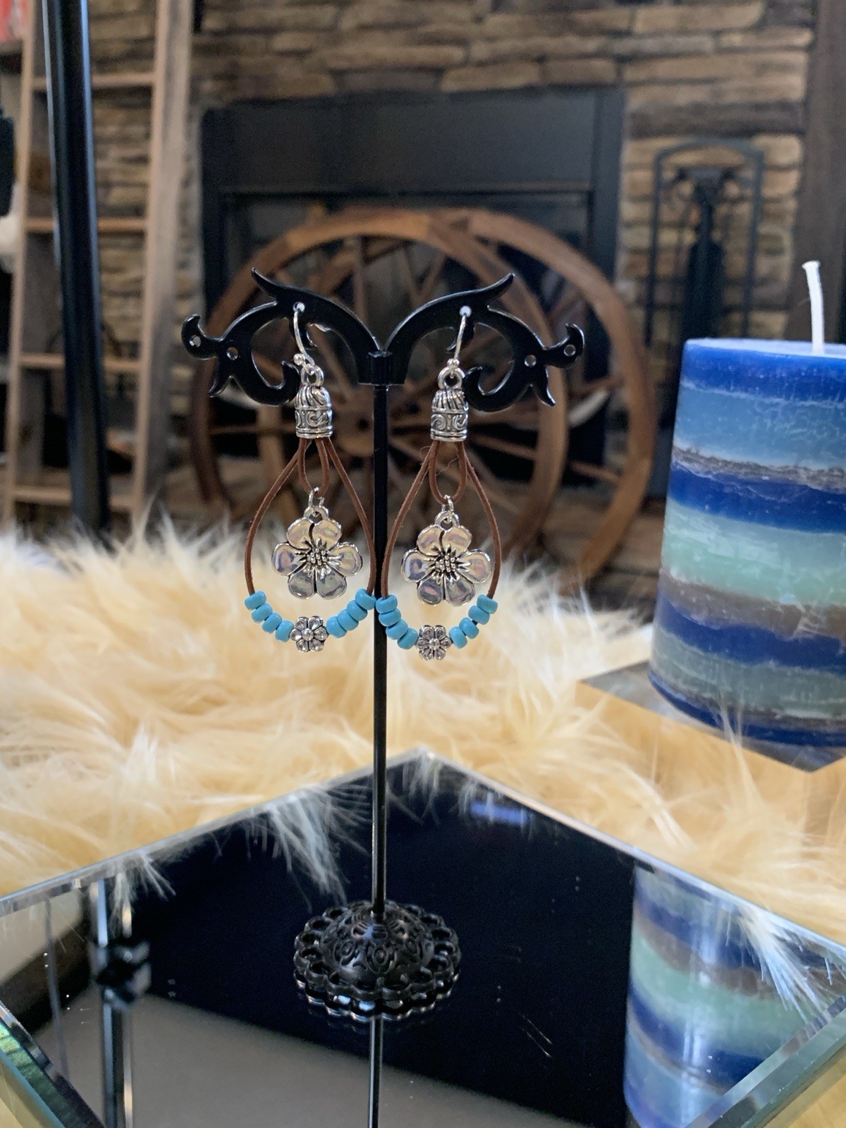 Boho Style Plum Blossom Pendant Earrings Double Layered With Turquoise Beads