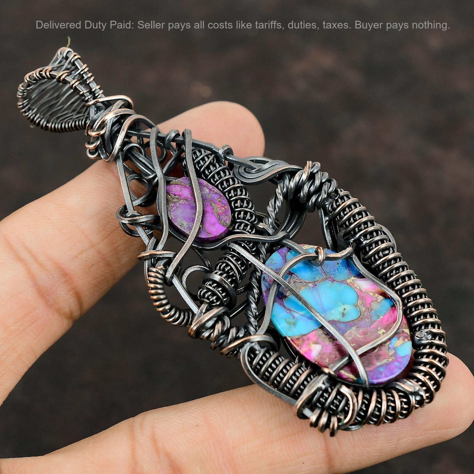Copper Oval Natural Kingman Pink Dahlia Turquoise Wire Wrapped Pendant Jewelry