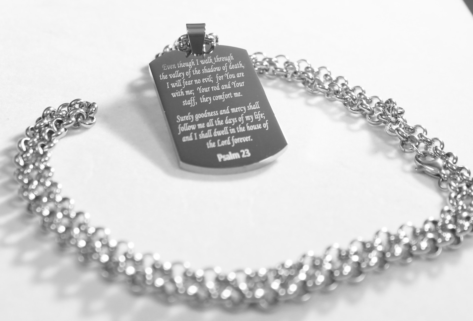 PSALM 23 THICK NECKLACE DOG TAG STAINLESS STEEL ROLO CHAIN PRAYER MEMORIAL