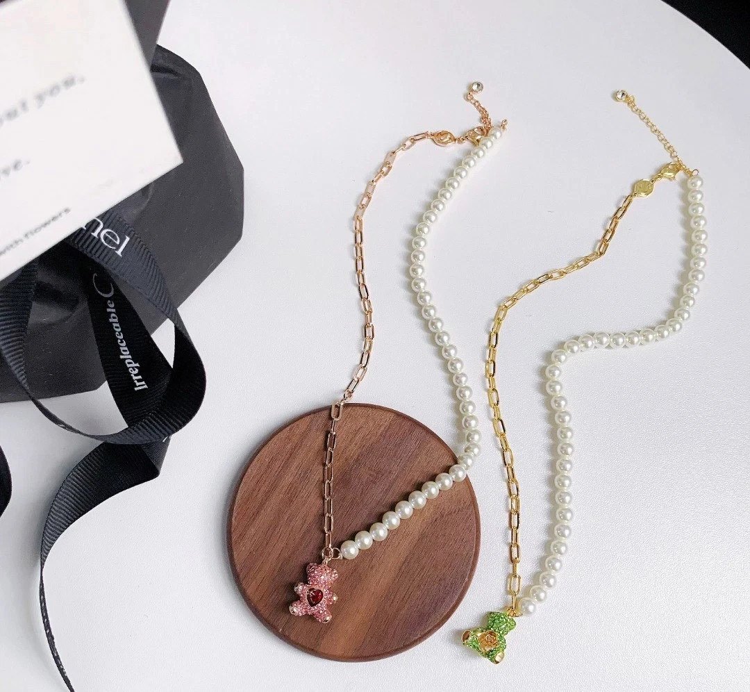 Swarovski Pearl Teddy Bear Necklace Beating Heart Gold Tone Women Gift