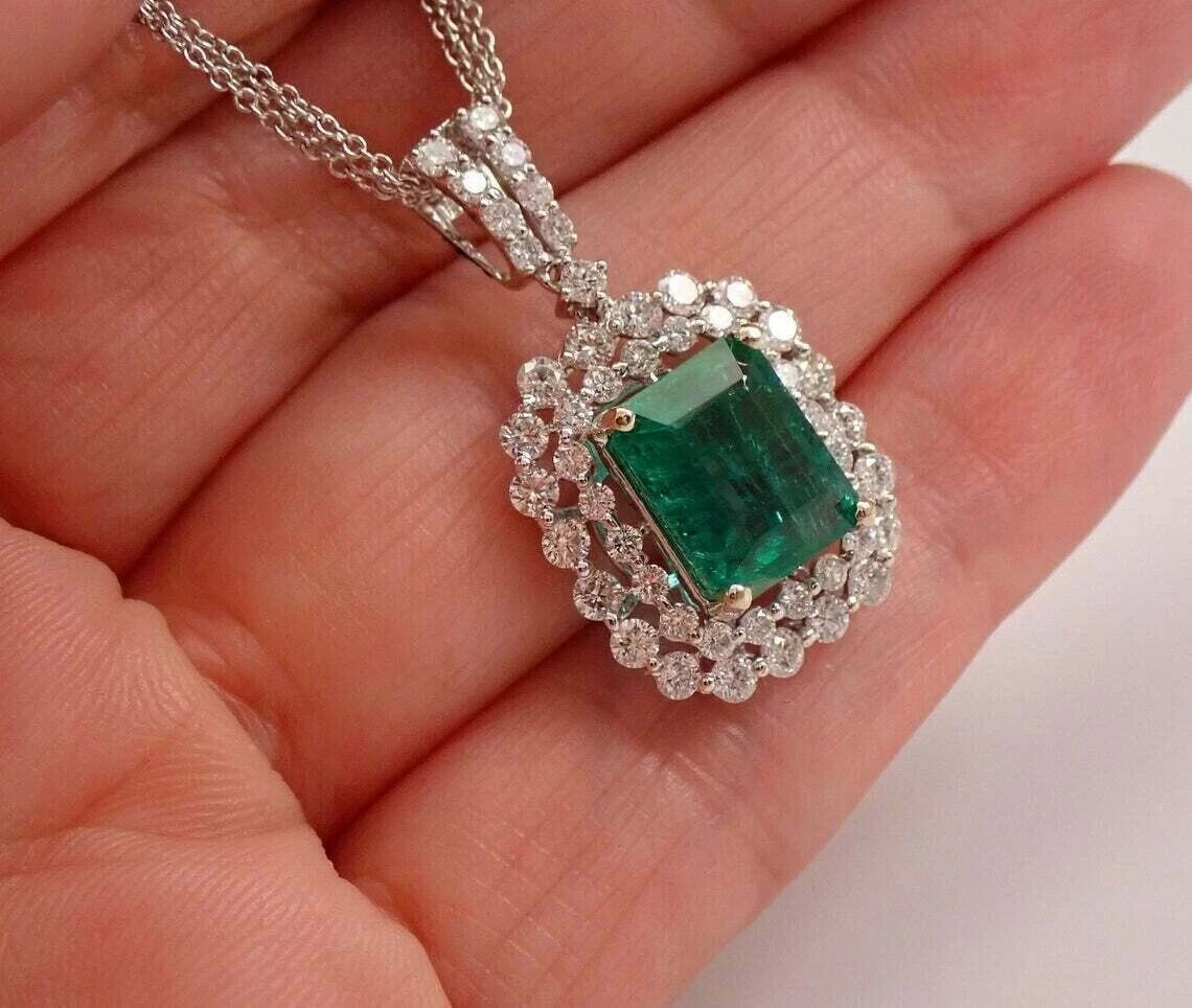 3.16 Ct Emerald Cut Emerald Pendant Wedding Pendant 14K White Gold Solid