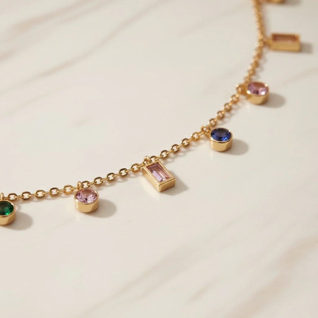 Rainbow Gemstone Choker Necklace | Multicolor CZ Baguette & Round Charm | Gold