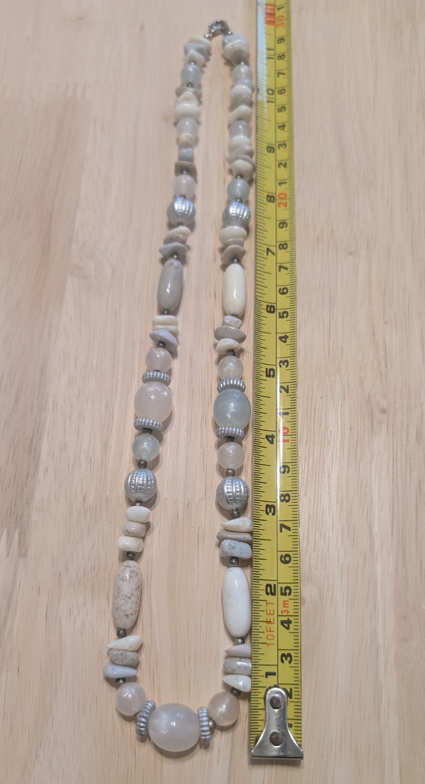 White Neutral Stone and Silver-Tone Beaded Summer Beach Strand Necklace