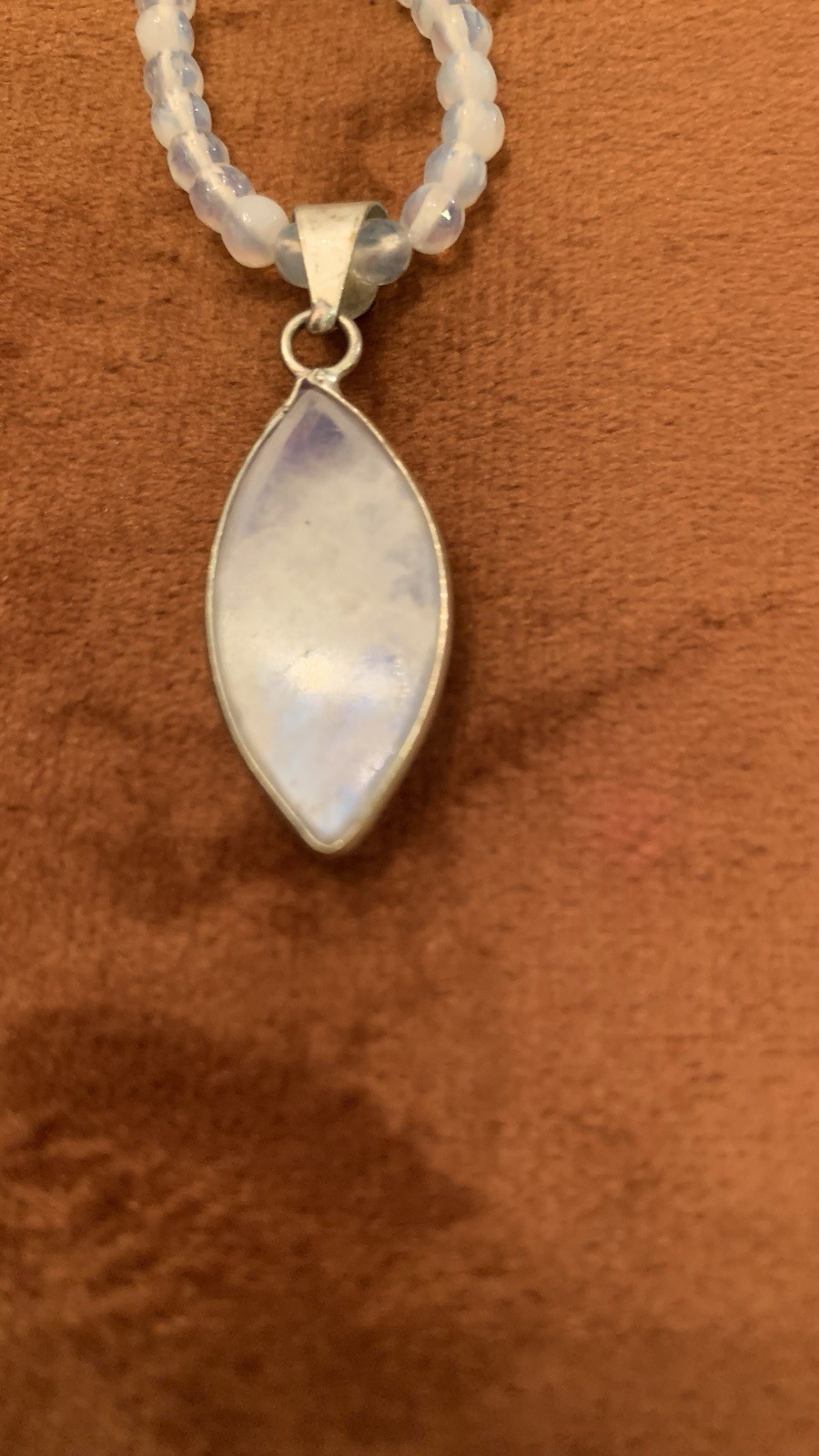 Opalite White Clear Beaded Necklace With Moonstone Pendent 925 Excellent
