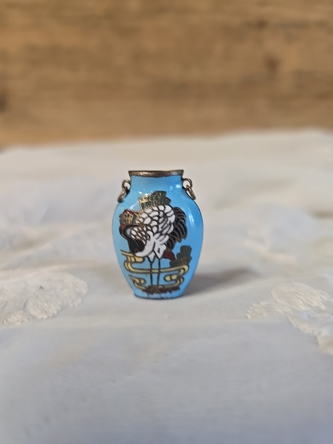 Vintage Miniature Cloisonne Vase Urn Pendant Birds Blue Green Les Bernard