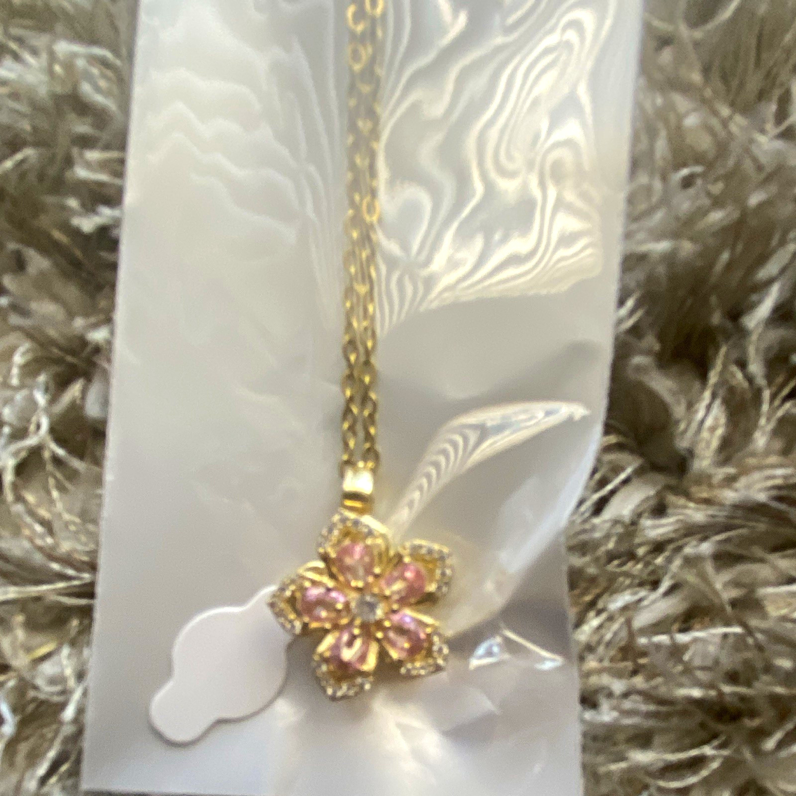 Gold Tone Stainless Steel Cable Chain Necklace Pink Crystal Flower Charm
