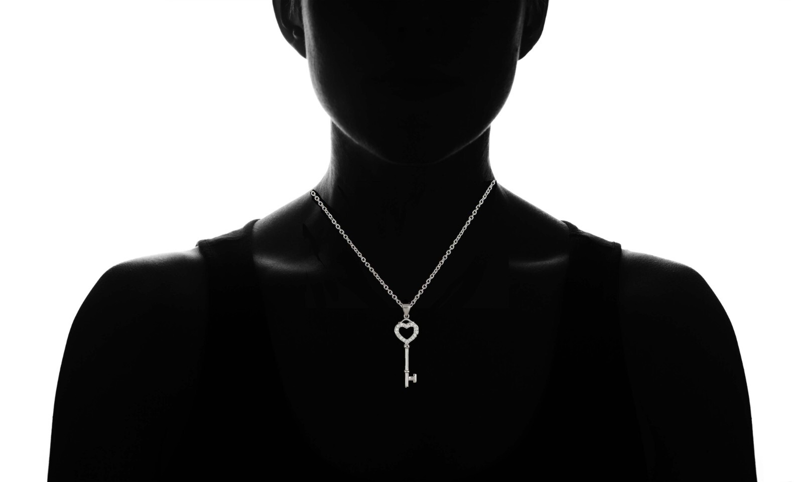 925 Sterling Silver Cubic Zirconia Heart Love Key Pendant Necklace – 18 Inch