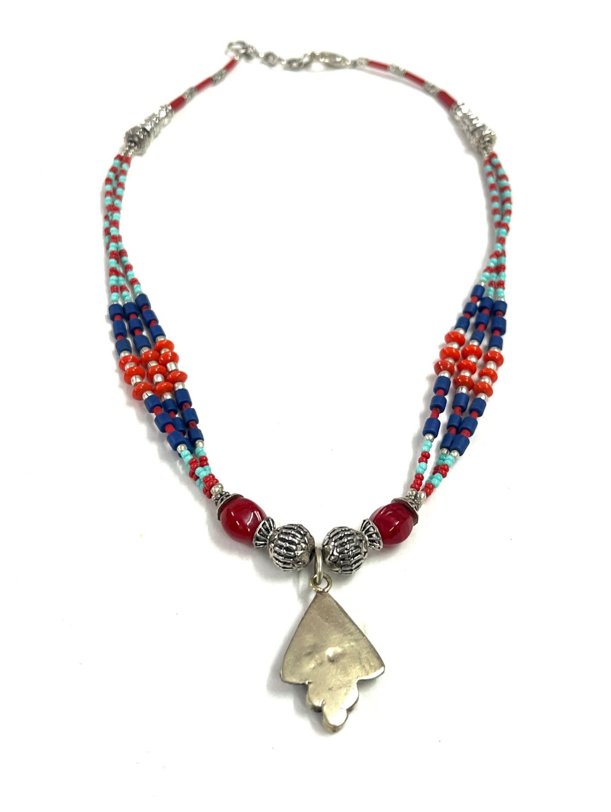 Antique Lapis Red Coral Gemstone Tibetan Bohemian Necklace Jewelry, 18 inch Adju