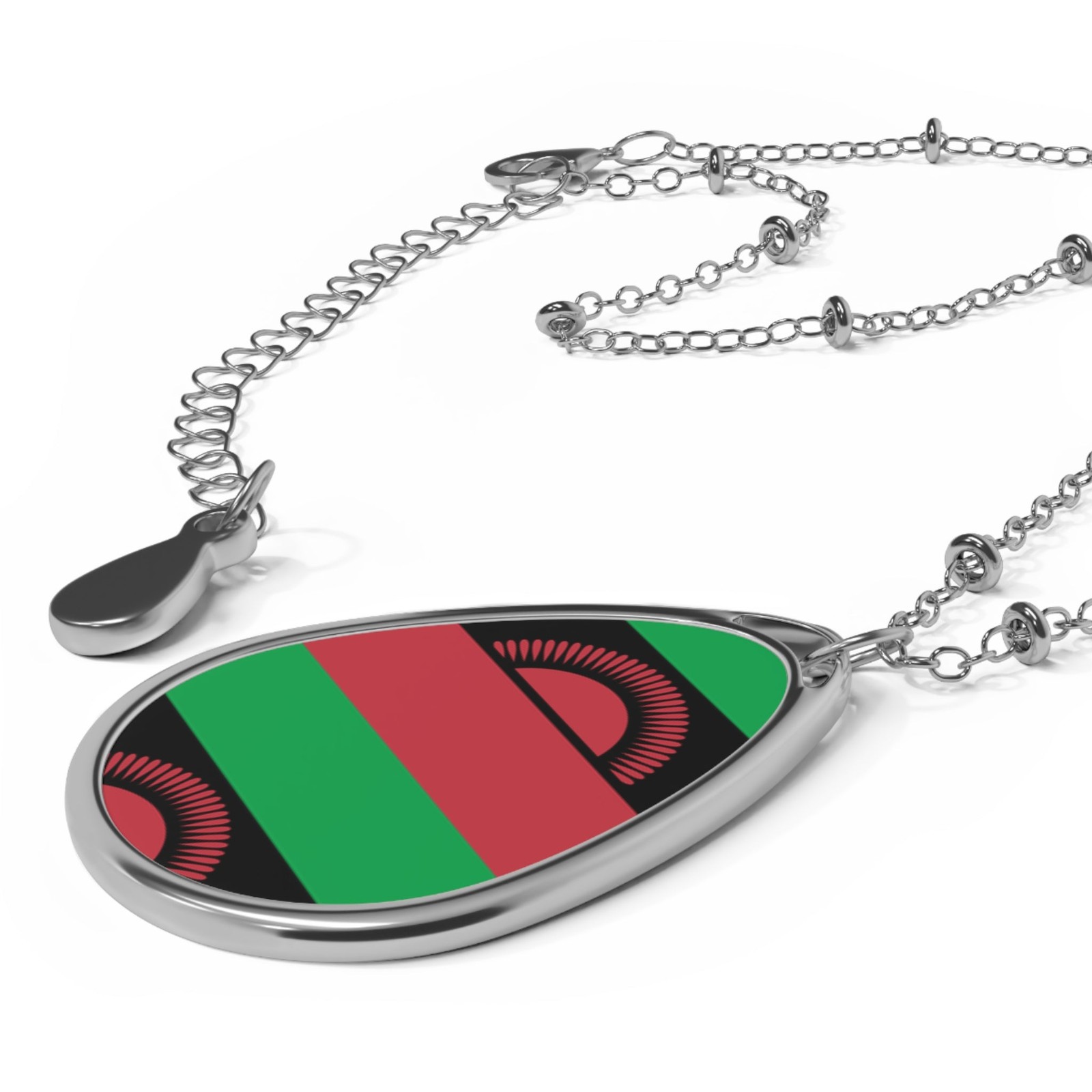 Malawi Flag Necklace – Malawian Heritage Oval Pendant – One Size / Silver