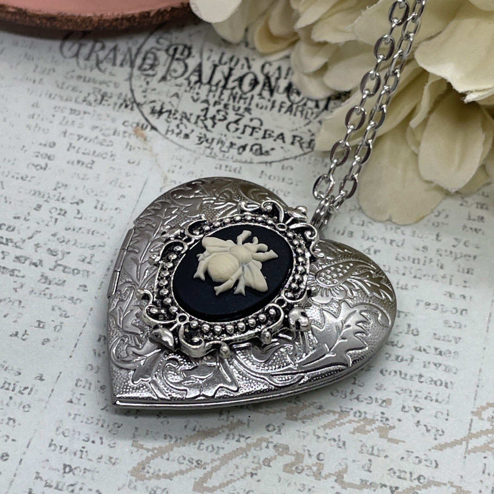 Heart Silver Locket Bee Honey Bumble Cameo Necklace Photo Bride bridal wedding
