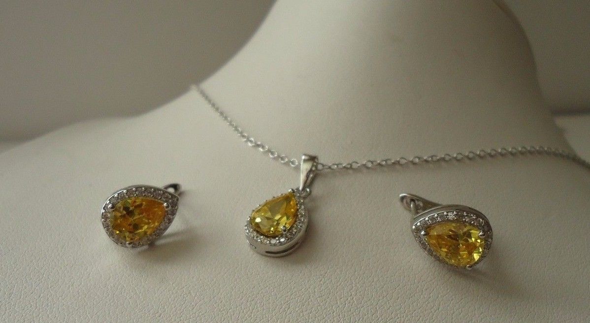 PENDANT & EARRING SET W/ 7.20 CT YELLOW / WHITE ACCENTS /925 STERLING SILVER
