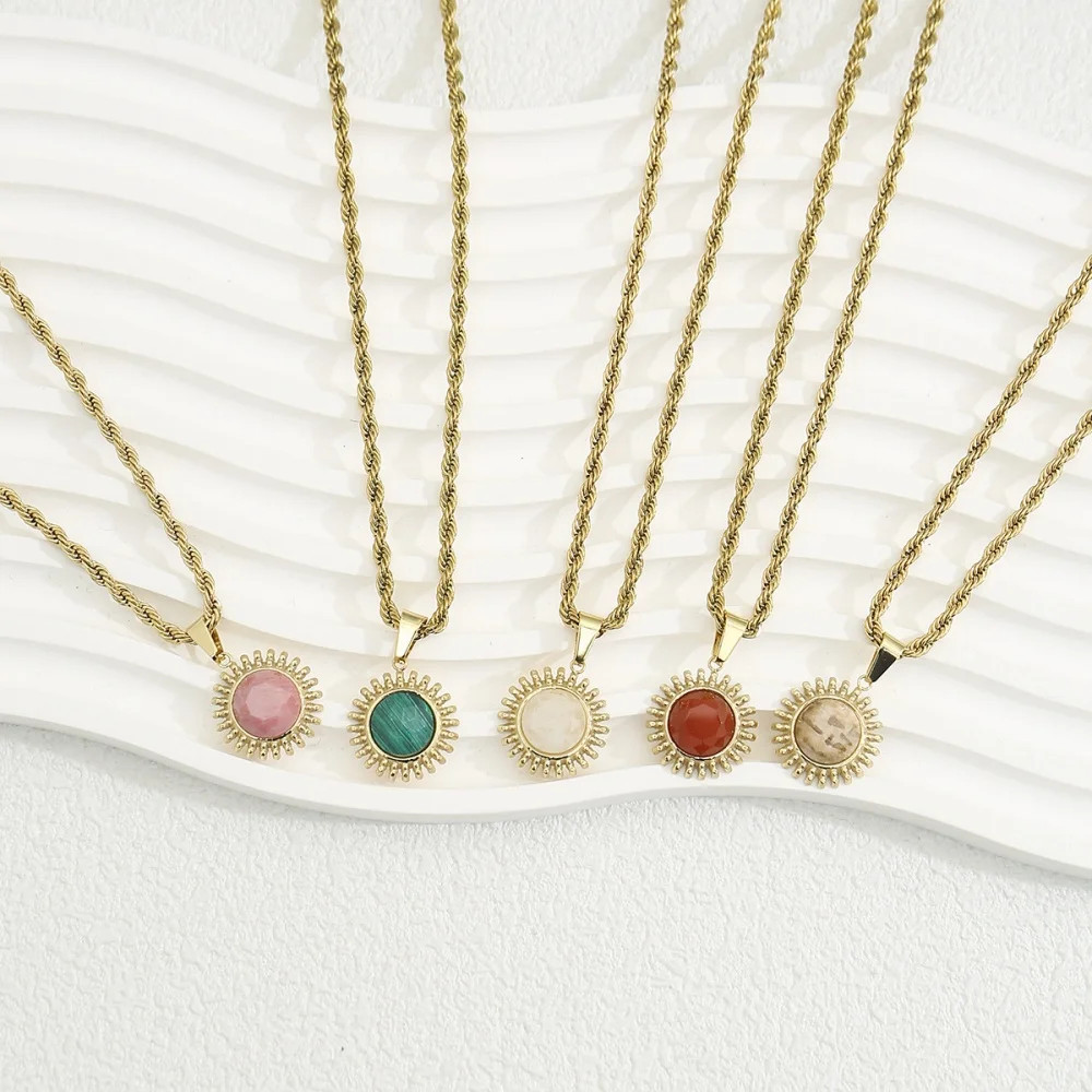 Sunflower Natural Stone Pendant Necklace 18K Gold color Stainless Steel Hip Hop