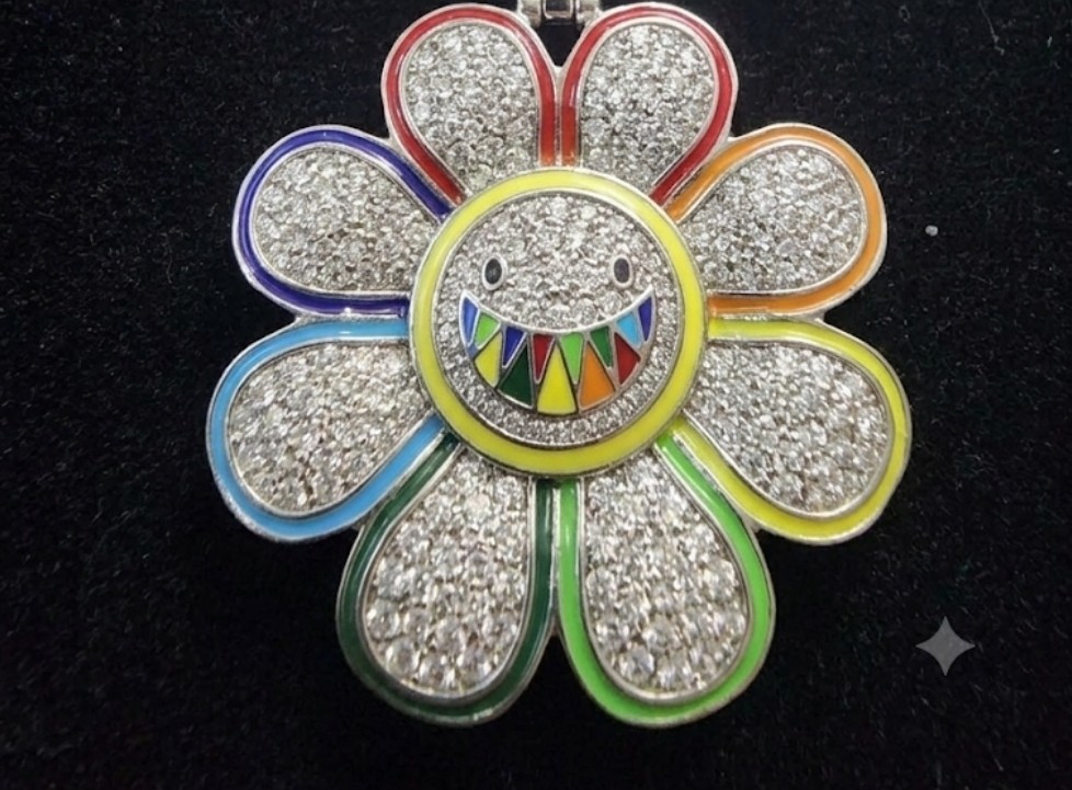 Iced Out Rainbow Flower Pendant Cuban Chain Set Silver Plated CZ Stones 24″×14mm