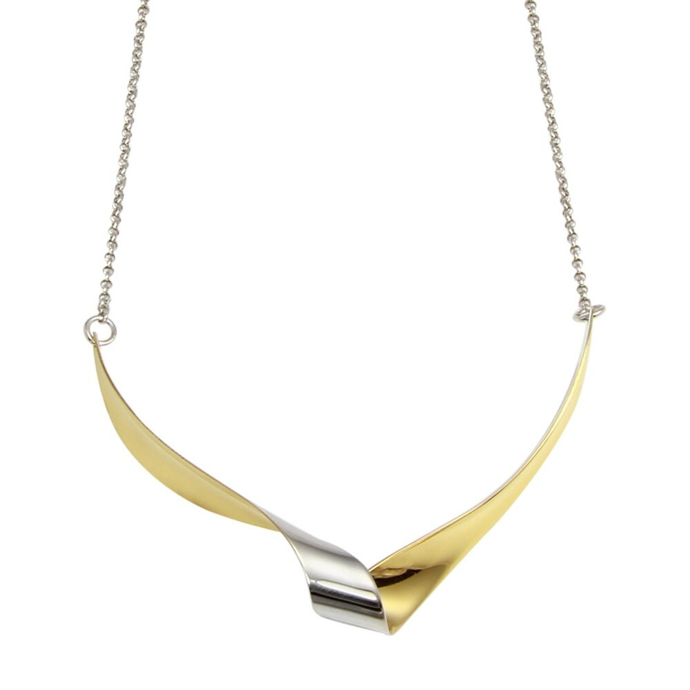 WAVE DESIGN TWO TONE NECKLACE PENDANT / 925 STERLING SILVER / 53MM BY 6.7MM