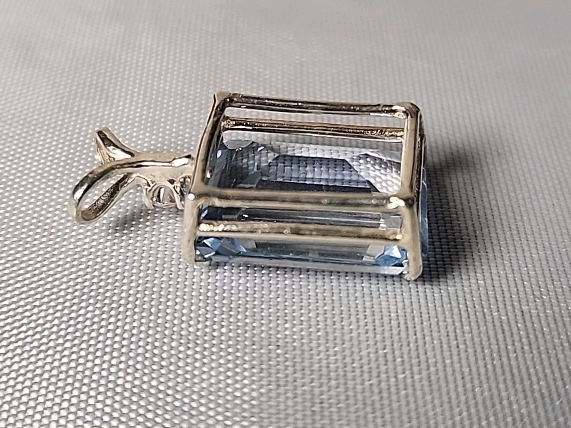 Stering Silver & Emerald Cut Simulated Aquamarine & Diamond CZ Pendant 3.7 grams