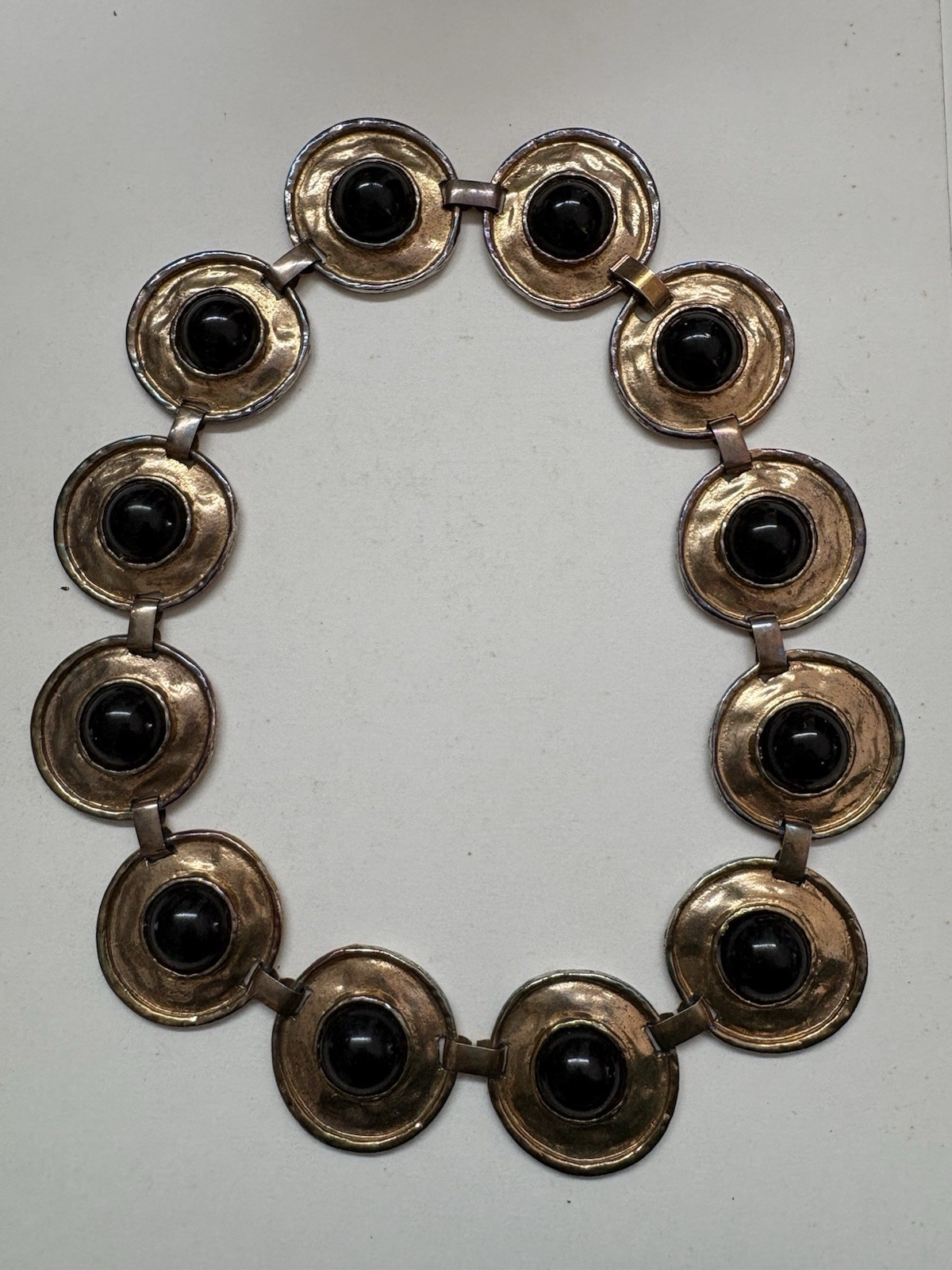 Vintage Chocker Necklace Large Modernist Hammered Disks W Black Cabochons 80’s