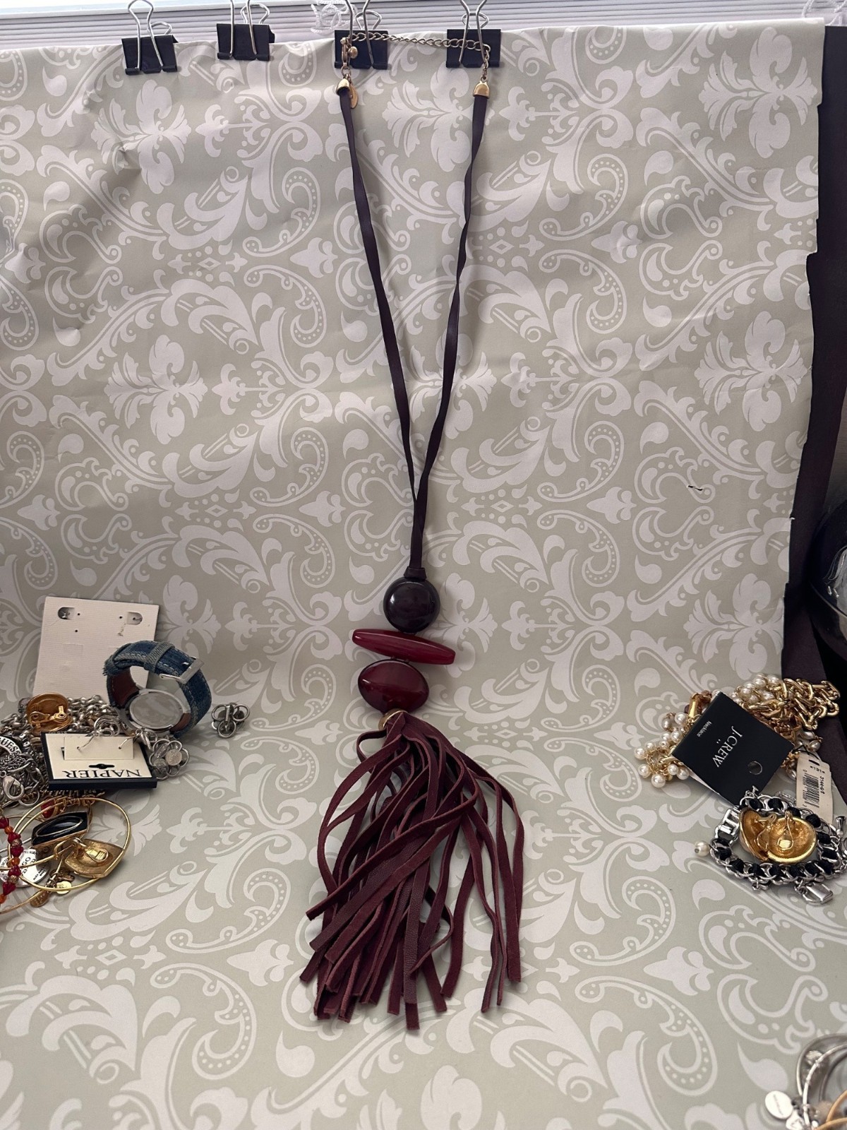 Chicos Pendant Necklace With Burgundy Beads & Faux Leather Tassel