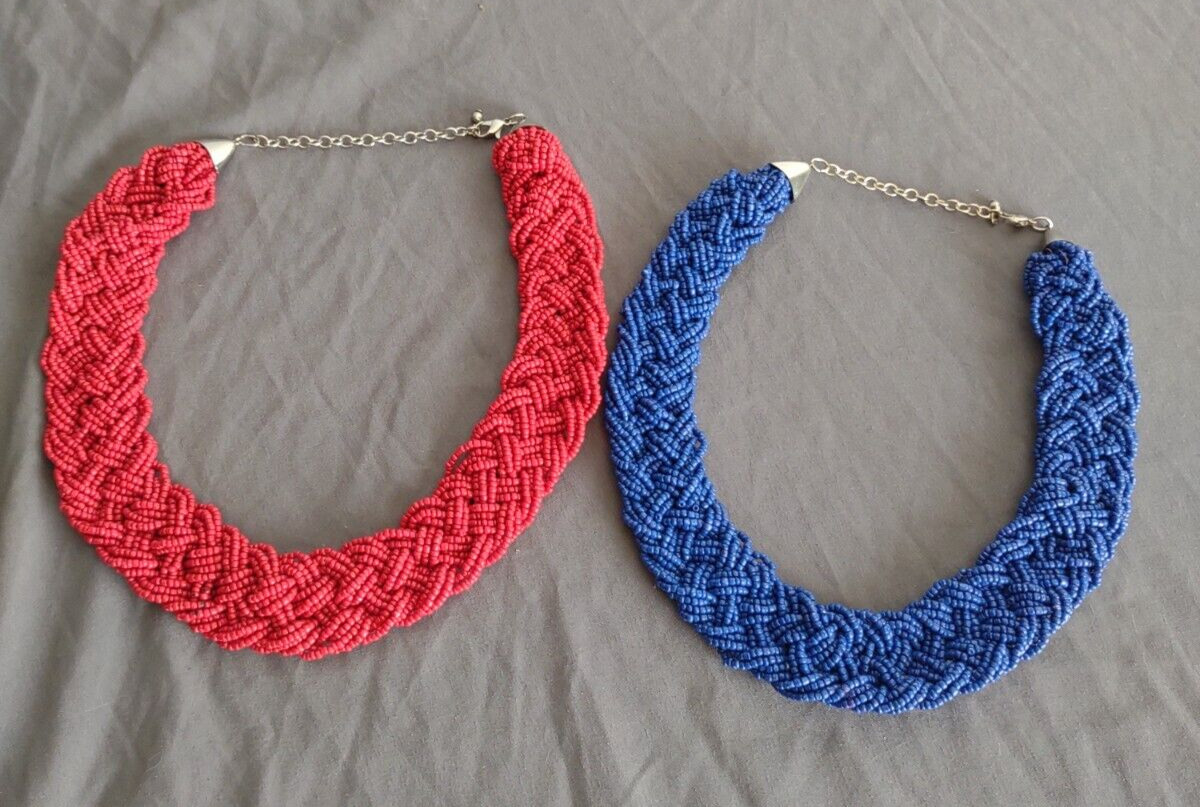 Statement Boho Glass Seed Bead Necklace Jewelry Lot Red Blue Chunky Braided