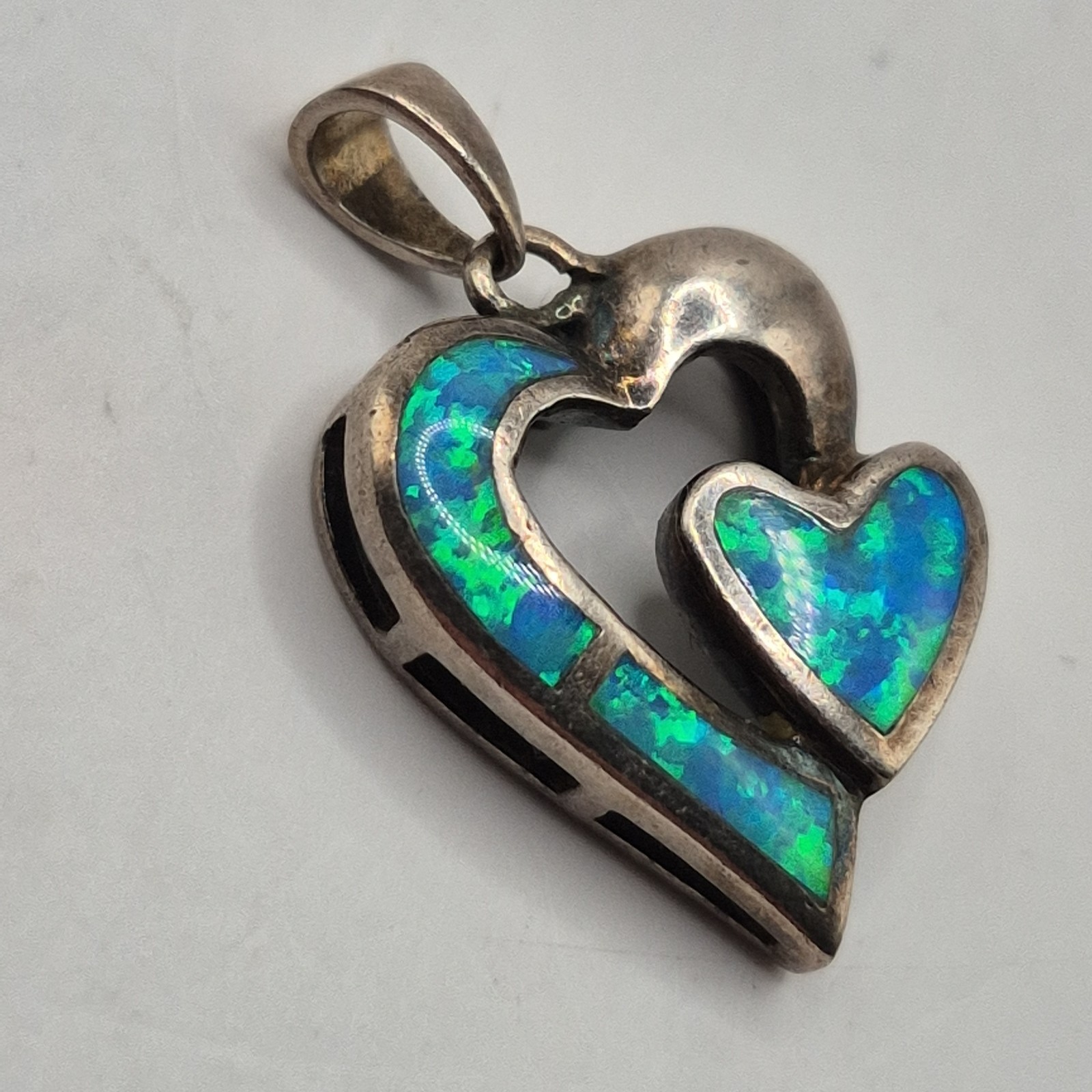 Modern Sterling Silver 925 AK Double Interlocking Heart Lab Created Opal Pendant