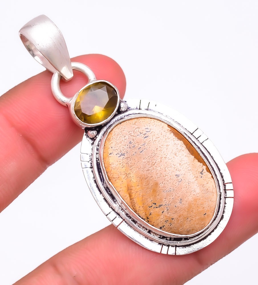Natural Picture Jasper & Smokey Quartz 925 Silver Plated Pendant 2.3″ F2545