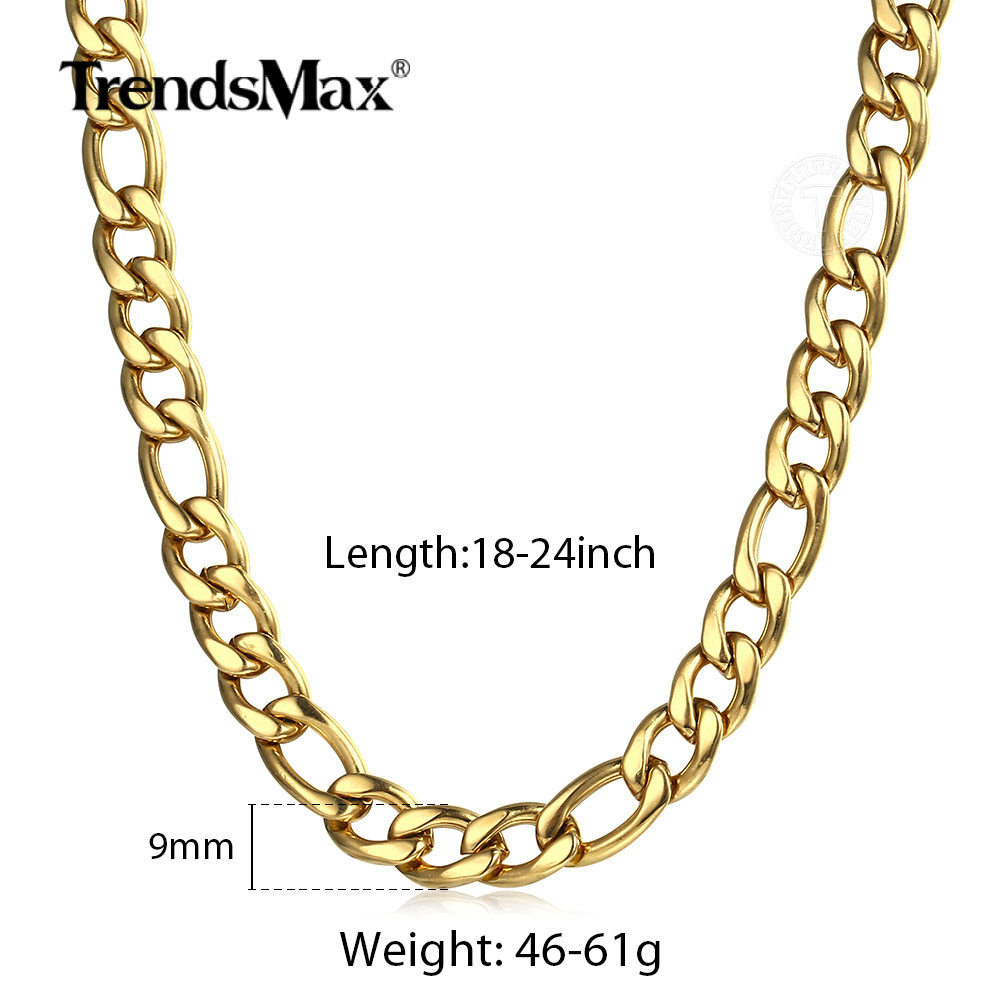 3/5/7/9mm Gold Plated Stainless Steel Figaro Chain Necklace Choker Fashion Link