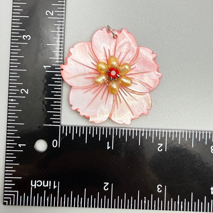 Pink Mother of Pearl Flower Pendant Red Rhinestone Cultured Pearls Tropical