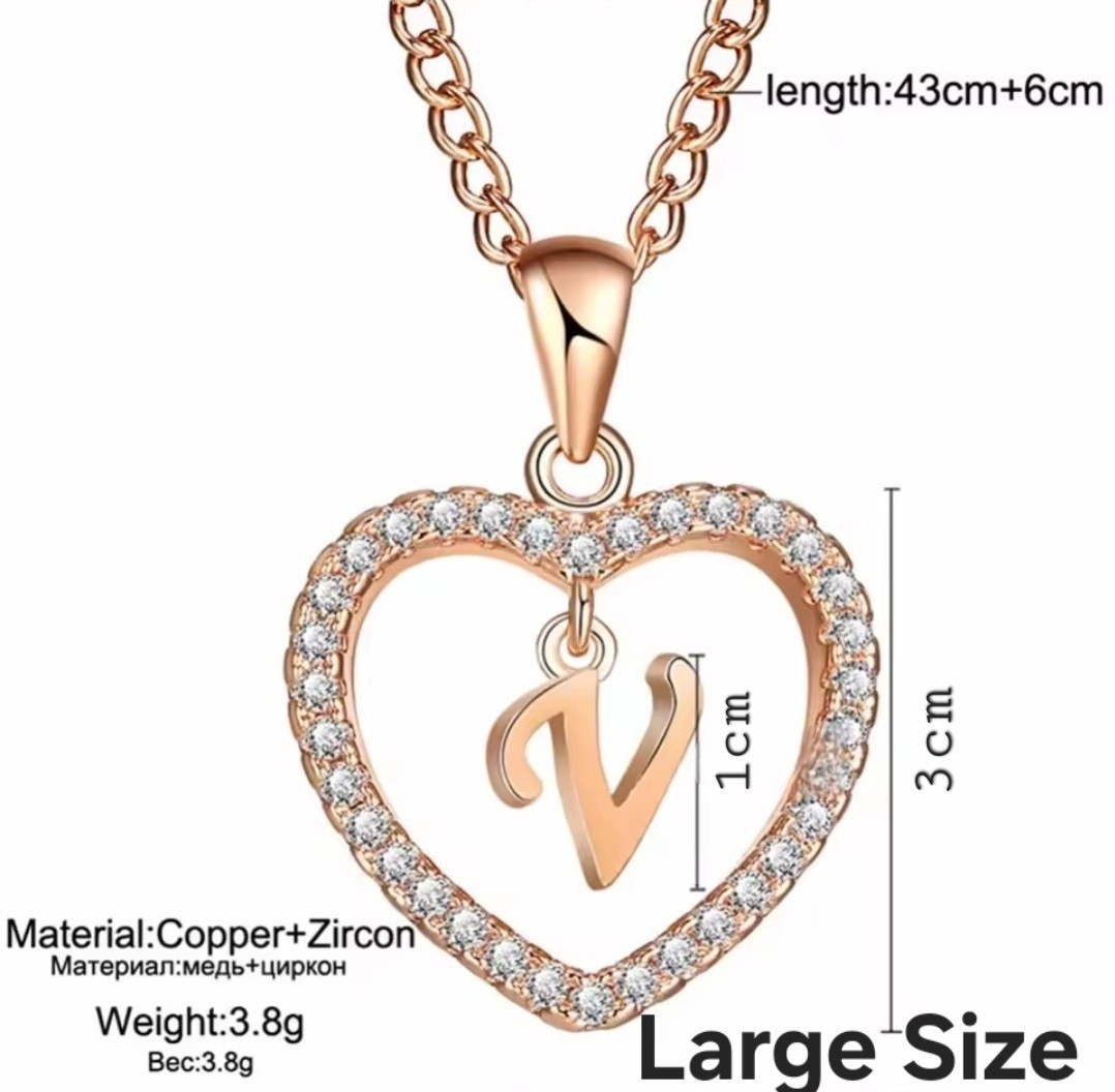 Letter Heart Necklace – Rose Gold Pendant Crystal Rhinestone Inital Charm Bling