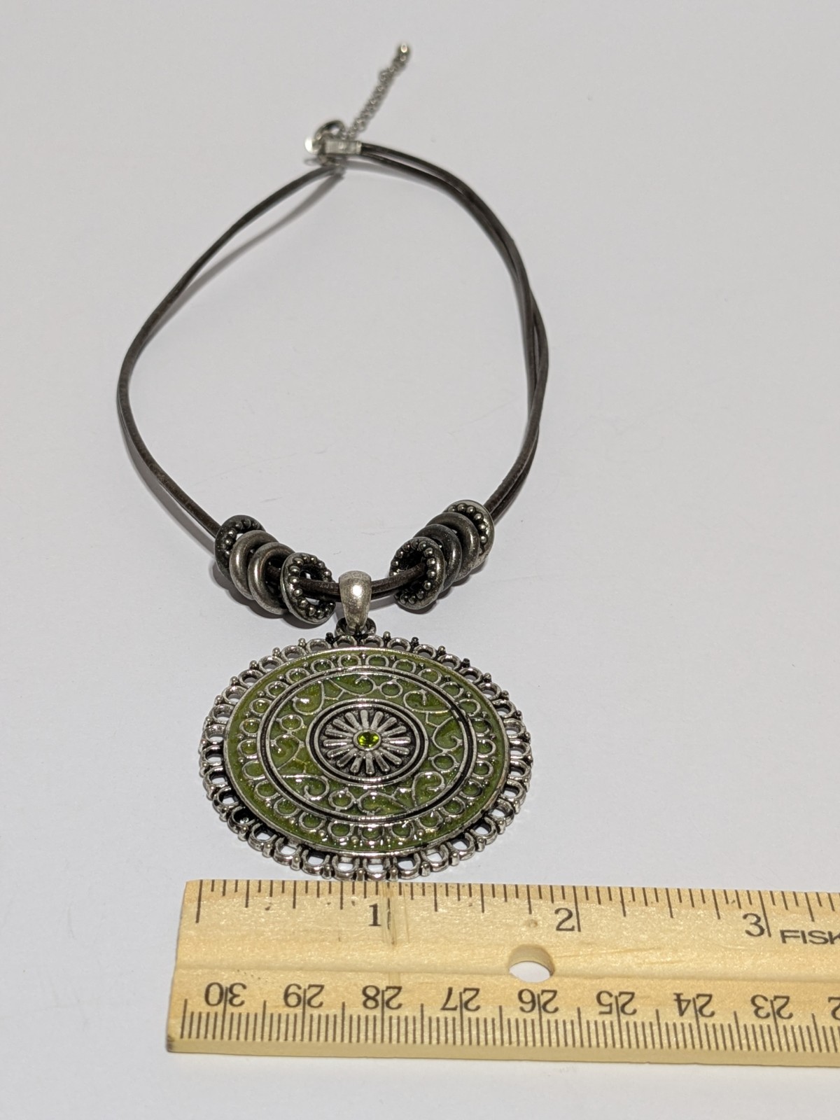 Faux Leather Brown Necklace With Silver Tone & Green Enamel Medallion Pendant