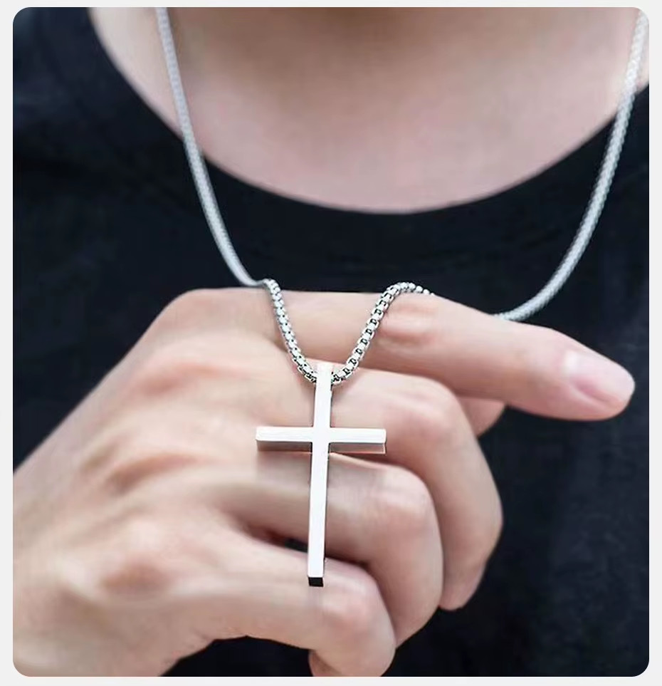 Silver Cross Pendant Necklace with Stainless Steel Box Chain for Men Women