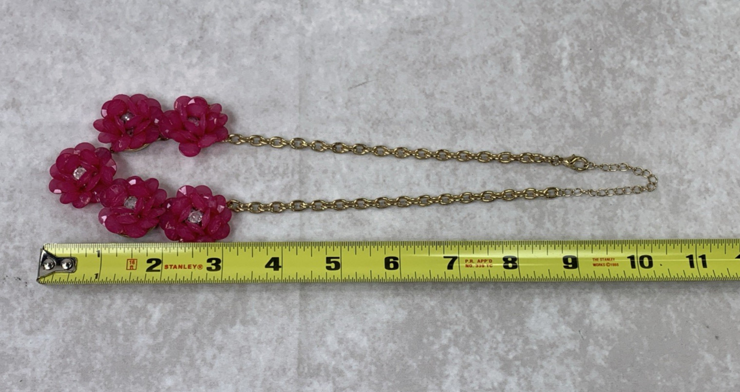 Womans Floral Necklace Pink Fuchsia Flowers and Clear Stones Gold Tone