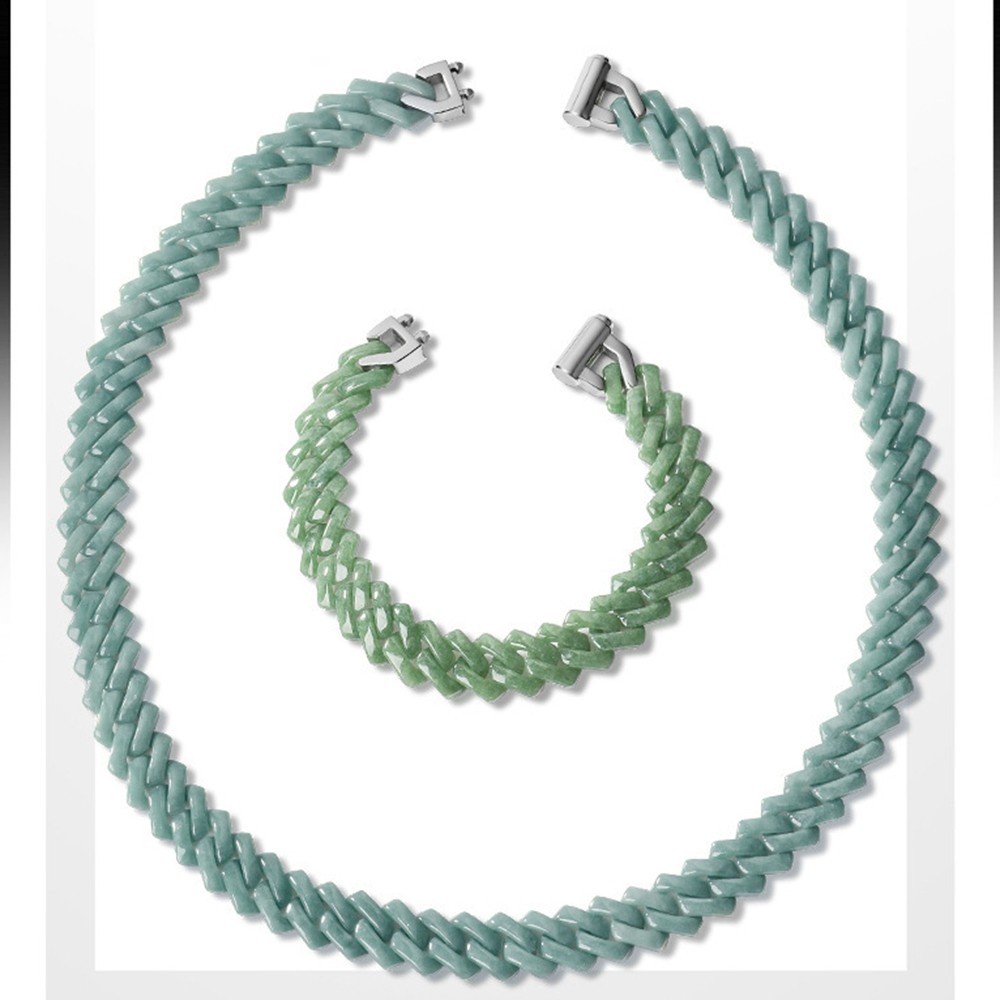 Certified Grade A Green Blue Burma Jade jadeite Cuban Chain Bracelet Necklace