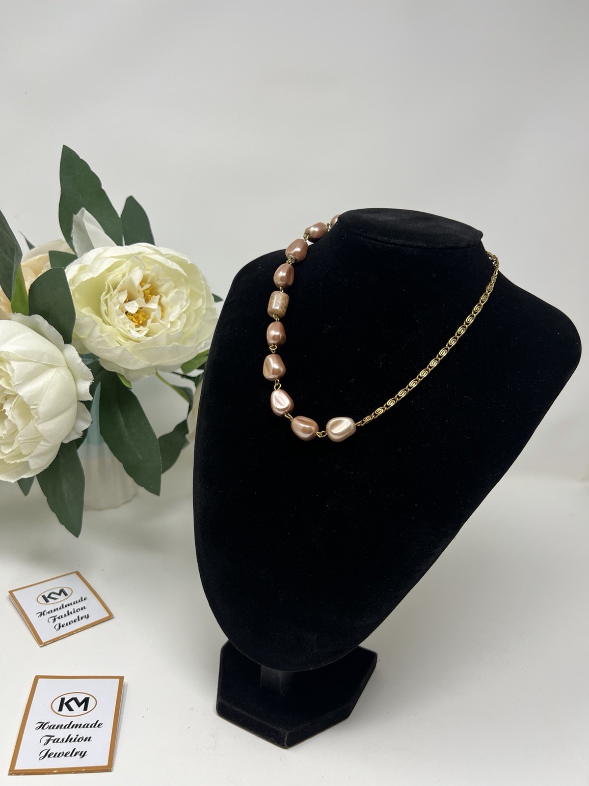 Gold Tone Asymmetrical Chain Necklace With Faux Pink Pearl Beads Statement