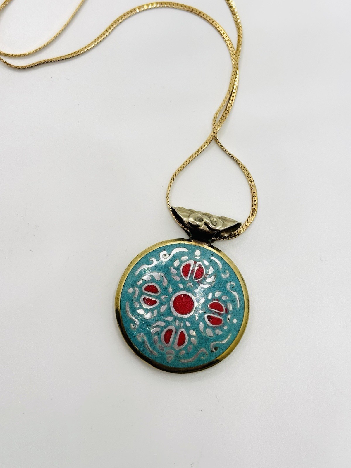 Symbolic Double-Sided Inlay Nepal Amulet Buddha Kathmandu Pendant Necklace
