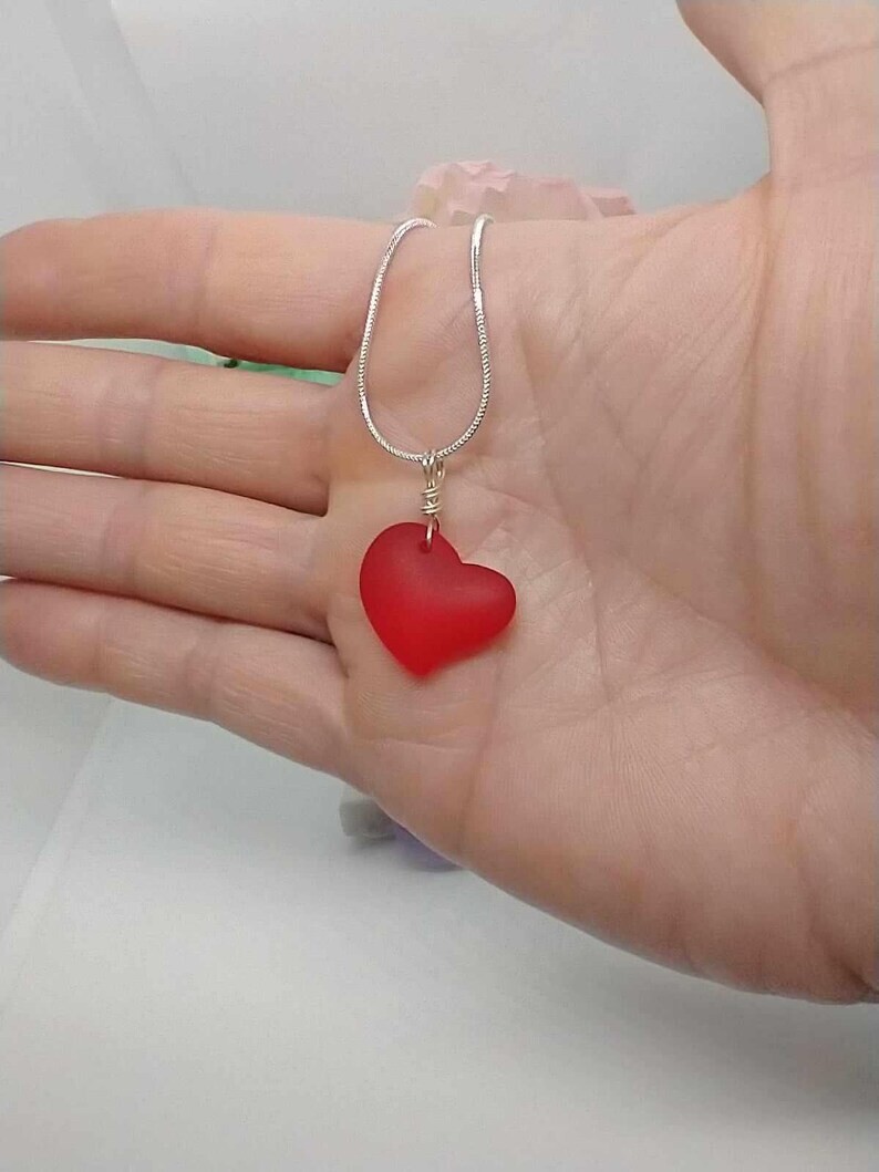Valentines Gift Necklace Silver Sea Glass Heart Pendant Gold Snake Chain