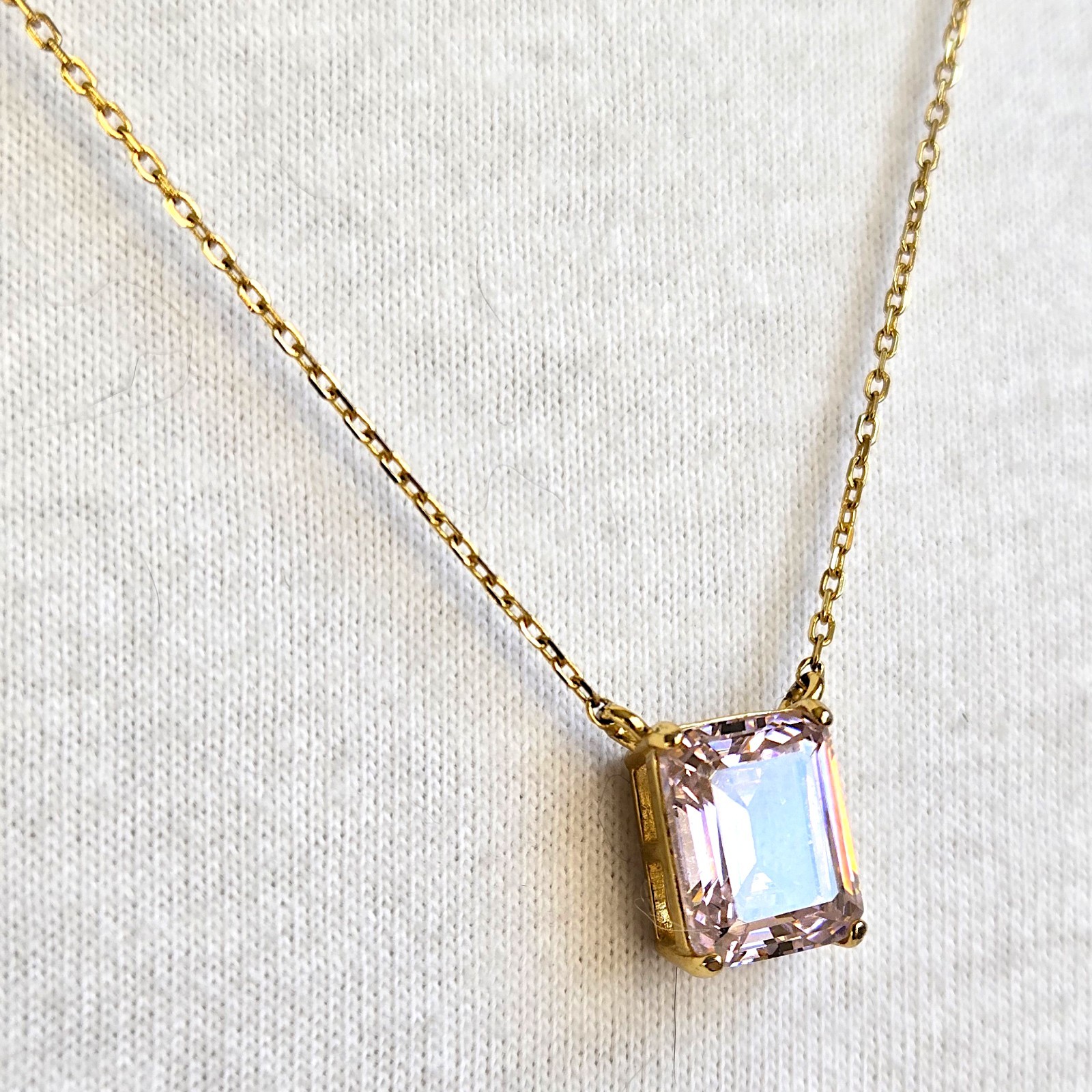 Gold Cake 925 Sterling Silver Pink CZ Emerald Cut Necklace Gold Plated 17″-20″