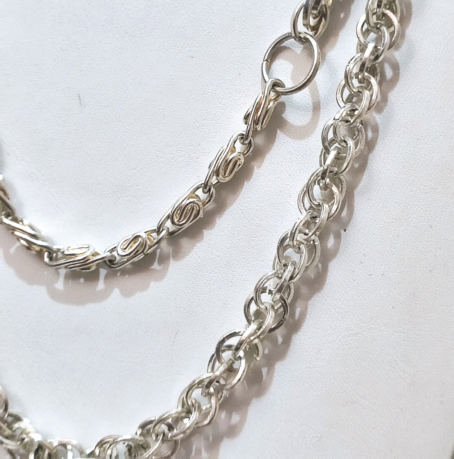 Long Thick Silver Tone Chain Necklace 35″ Double Rolo & Double Scroll Chains
