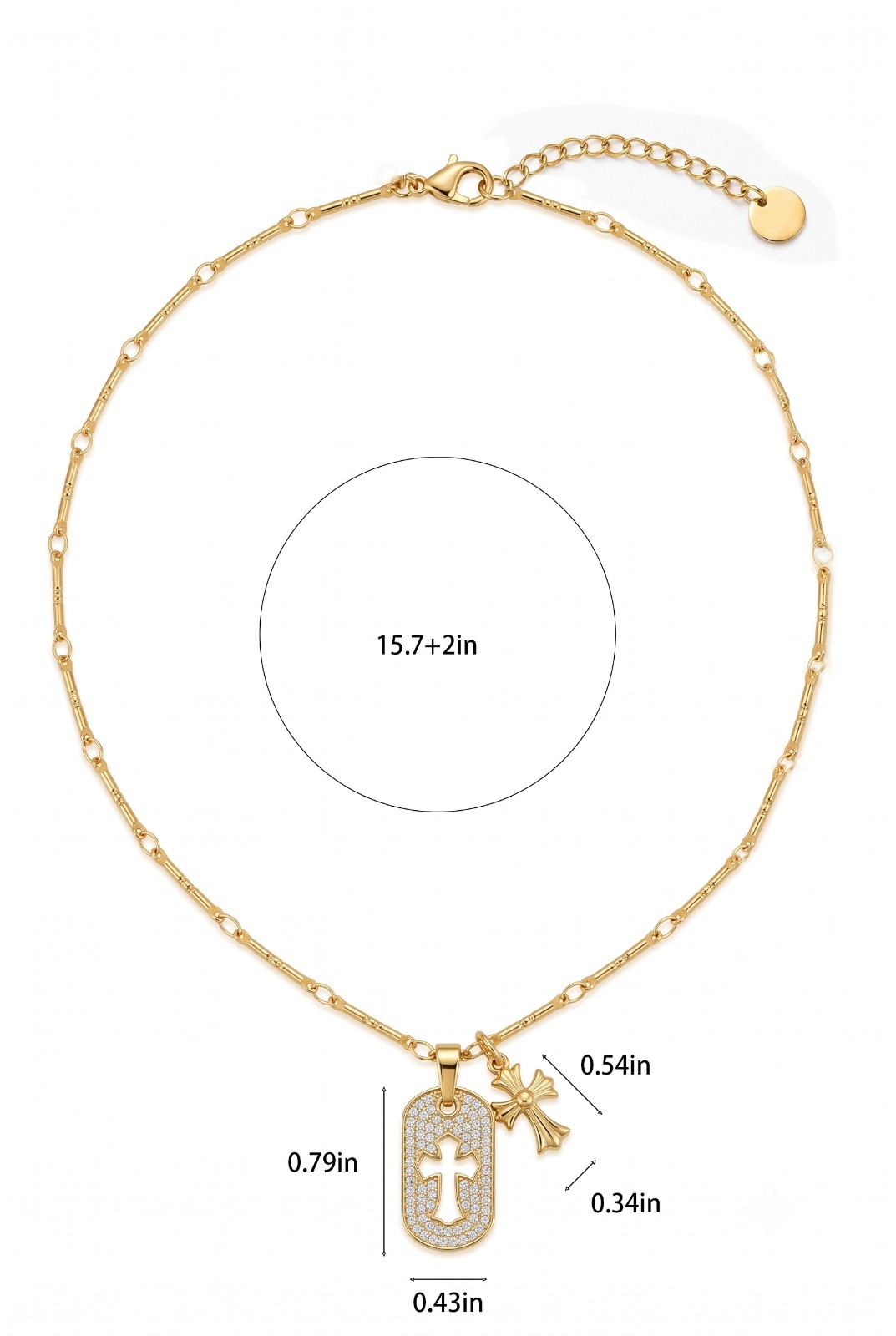 Stainless Steel 18K Gold Plated CZ Dog Tag Cutout Cross Pendant Necklace Gift
